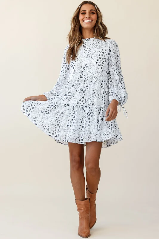 Maxi Women Dress with Floral Print for a Bohemian VibeBeatrix High Neck Bell Sleeve Dress Droplet Print White