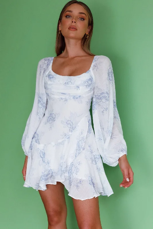 Mermaid - Style Women Dress with a Fitted Silhouette for Special OccasionsBeaujolais Long Sleeve Cowl Neckline Ruffle Mini Dress Floral Blue