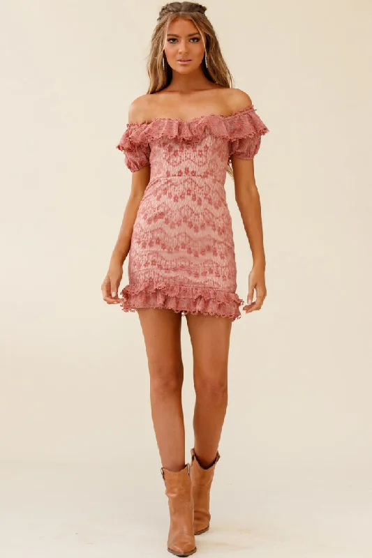 Backless Women Dress for a Sexy and Alluring Look at Evening EventsBobby Bardot Neckline Floral Lace Overlay Dress Rose