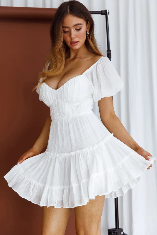 Sheath Women Dress with a Tailored Fit for a Professional LookCamille Gathered Bodice Puff Sleeve Flounce Hem Mini Dress White