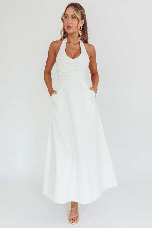 Ruffled Women Dress with Multiple Layers for a Playful and Girly StyleCan't Compete A-Line Halter Maxi Dress White