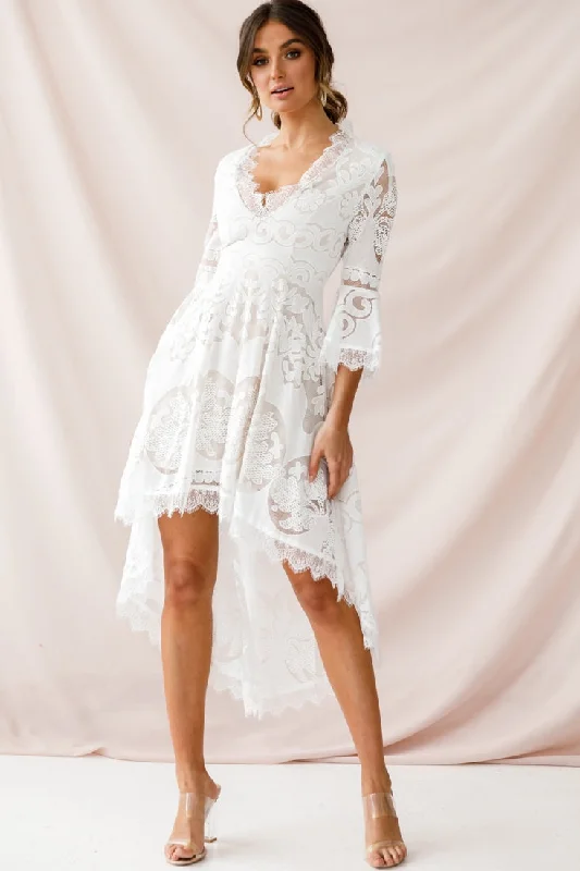 Plus Size Women Dress with a Flattering A - Line Cut for Comfort and StyleChantilly High-Low Bell Sleeve Dress White Plus Size Women Dress with a Flattering A - Line Cut for Comfort and StyleChantilly High-Low Bell Sleeve Dress White