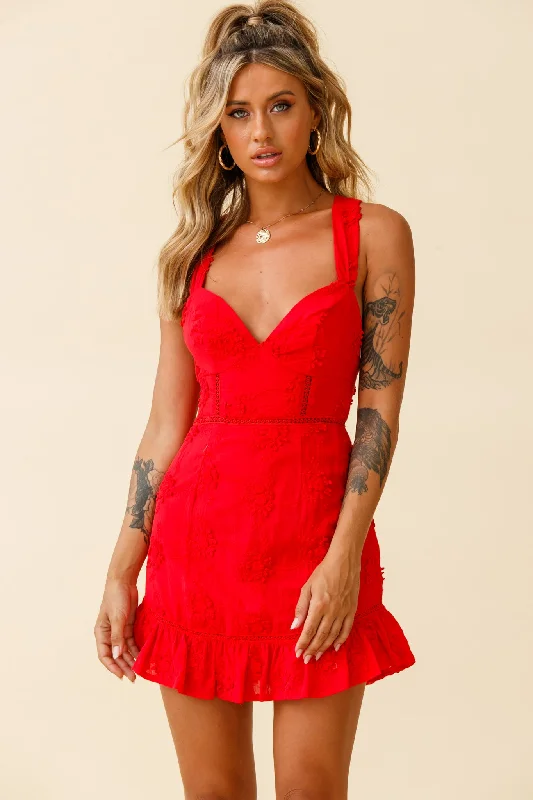 Long - Sleeve Women Dress in Velvet for a Luxurious Winter LookCharity Criss-Cross Back Floral Embroidered Dress Red