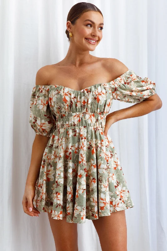 Printed Abstract Women Dress for a Modern and Artistic AppealChasing Sunsets Off-Shoulder Mini Dress Floral Green