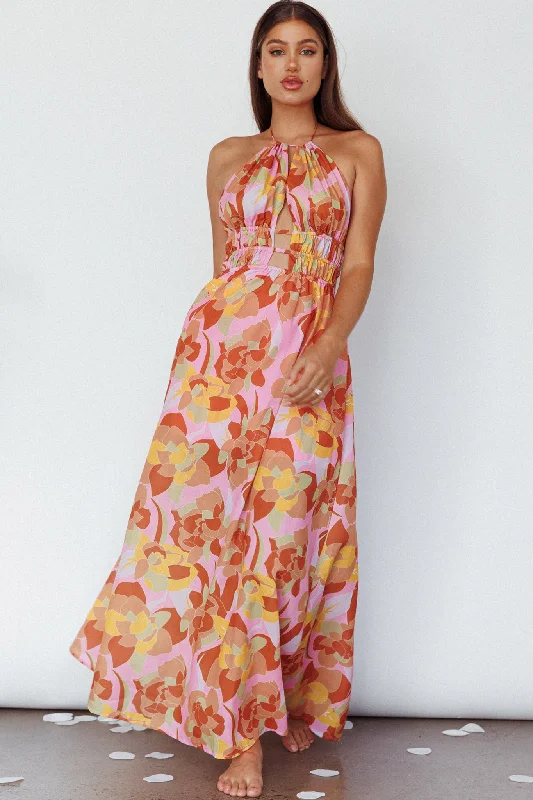 Printed Abstract Women Dress for a Modern and Artistic AppealCyndi Open Back Halterneck Maxi Dress Pink Multi