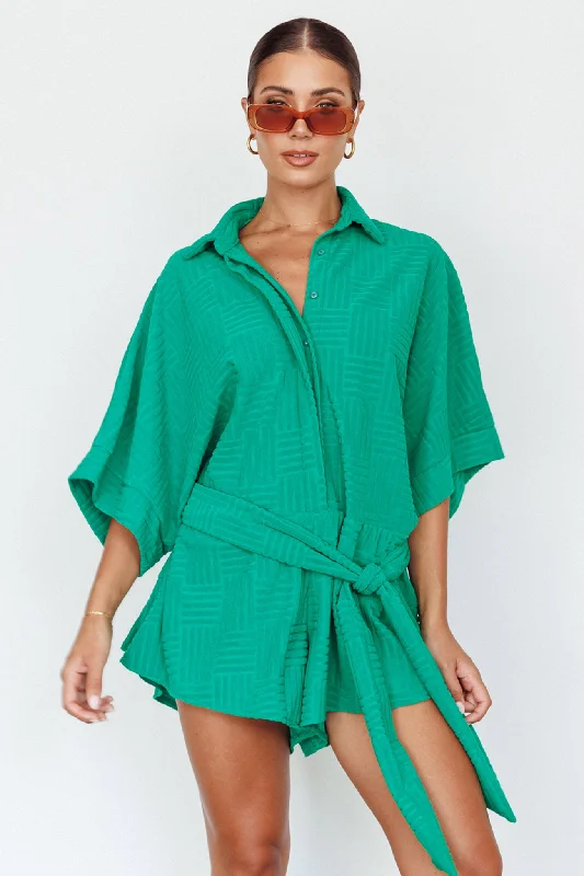 Printed Abstract Women Dress for a Modern and Artistic AppealDaytona Beach Button-Up Romper Textured Green
