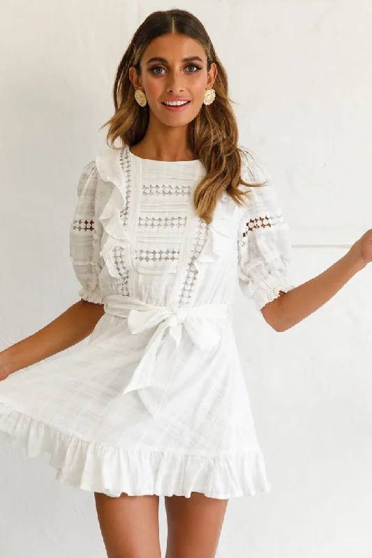 Lace - Embellished Women Dress for an Elegant and Sophisticated AppearanceDelia Puff Sleeve Crochet Detail Dress White Lace - Embellished Women Dress for an Elegant and Sophisticated AppearanceDelia Puff Sleeve Crochet Detail Dress White