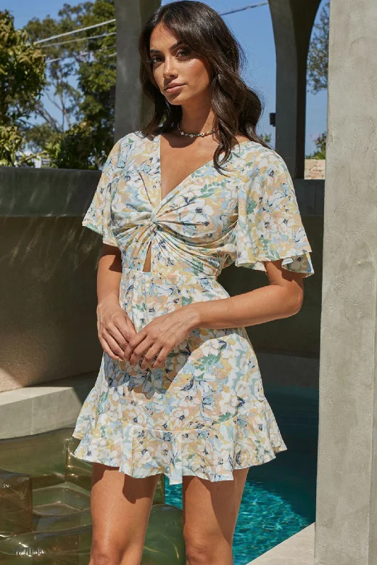 Backless Women Dress for a Sexy and Alluring Look at Evening EventsDerby Twisted Bust Mini Dress Floral Yellow