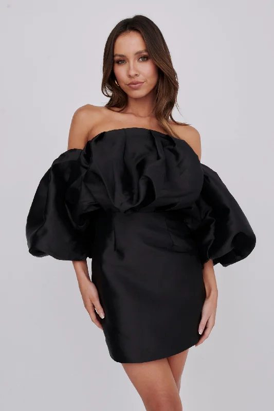 Strapless Women Dress with a Built - in Bra for Comfort and SupportDream Time Puffed Neckline Mini Dress Black