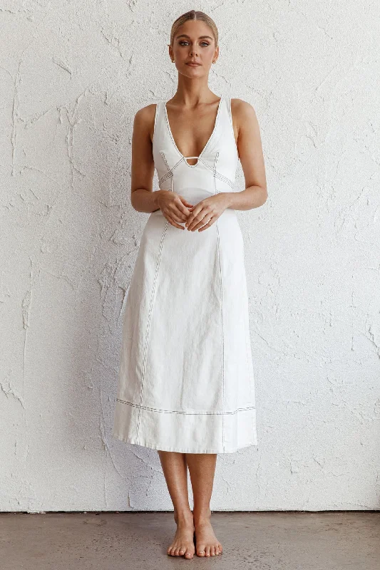 Backless Women Dress for a Sexy and Alluring Look at Evening EventsElias Decorative Stitch Midi Dress White