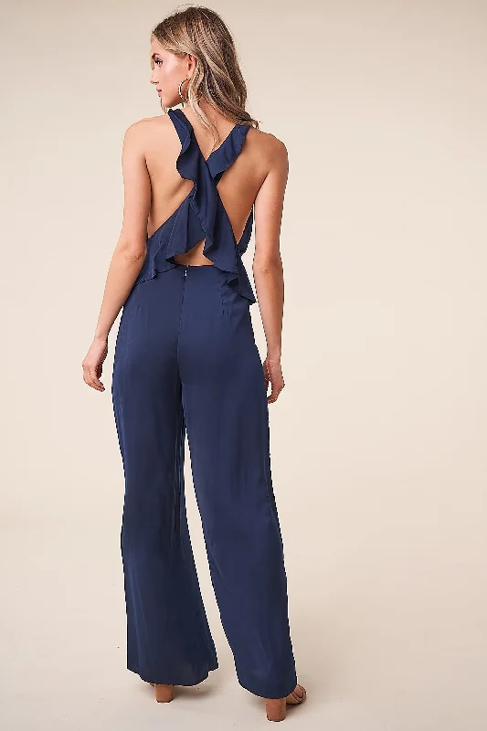 Women jumpsuits with a ruched bodice for a more feminine and form - fitting appearanceEndless Moment Cross Back Wide Leg Jumpsuit
