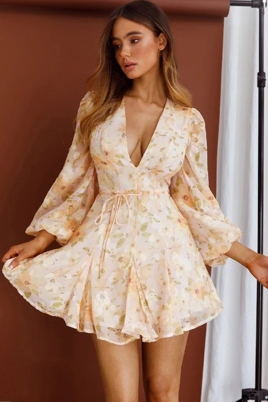 Halter Neck Women Dress to Show Off the Shoulders and NecklineEstelle Long Sleeve V-Neckline Dress Watercolor Floral Print Peach