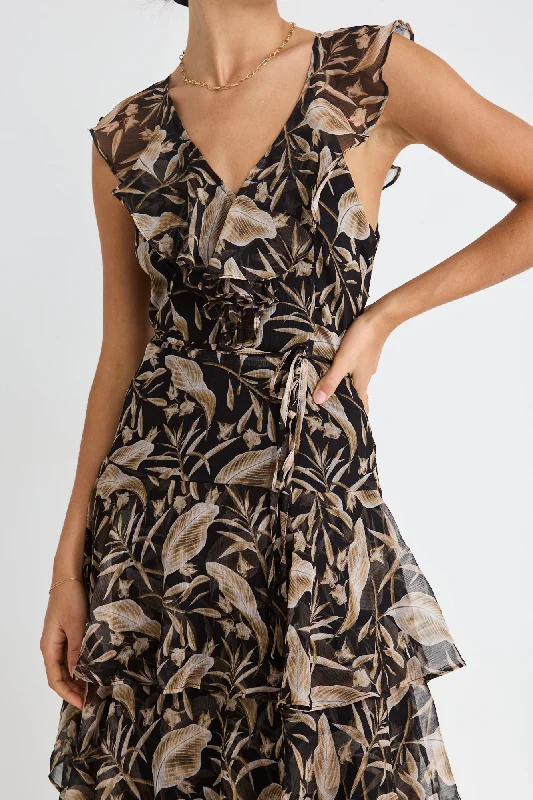 Ball Gown Women Dress with a Full Skirt for a Princess - like LookEverly Golden Black Floral Flutter Sleeve Tiered Maxi Dress