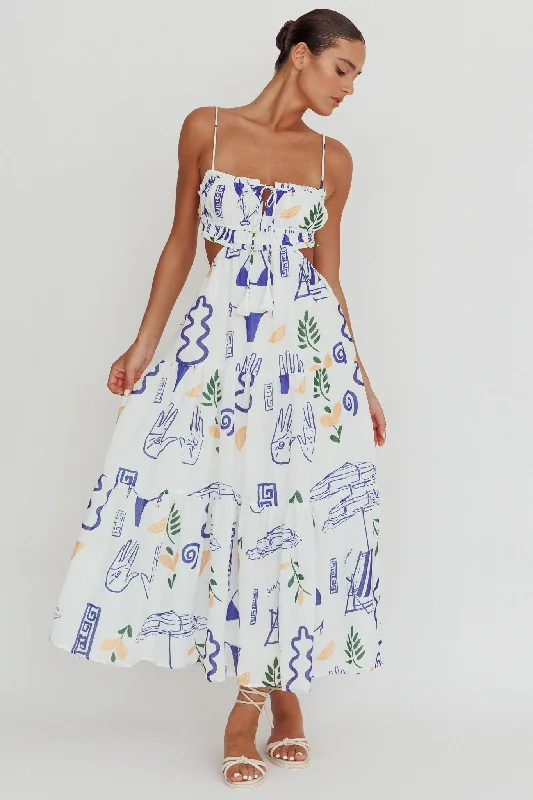 Sleeveless Women Dress in Bright Colors for Summer PartiesEyona Cut-Out Back Print Maxi Dress White Sleeveless Women Dress in Bright Colors for Summer PartiesEyona Cut-Out Back Print Maxi Dress White