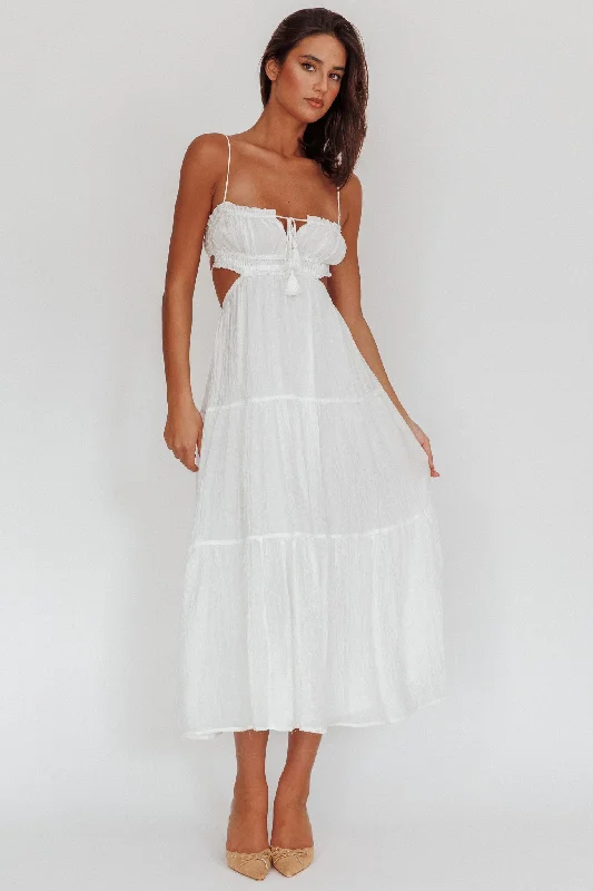 Lace - Embellished Women Dress for an Elegant and Sophisticated AppearanceEyona Cut-Out Waist Tie Maxi Dress White