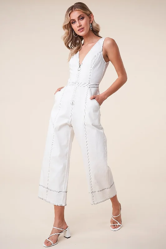 Women jumpsuits with beaded embellishments for a formal and fancy eventFar Out Denim Zip Front Jumpsuit