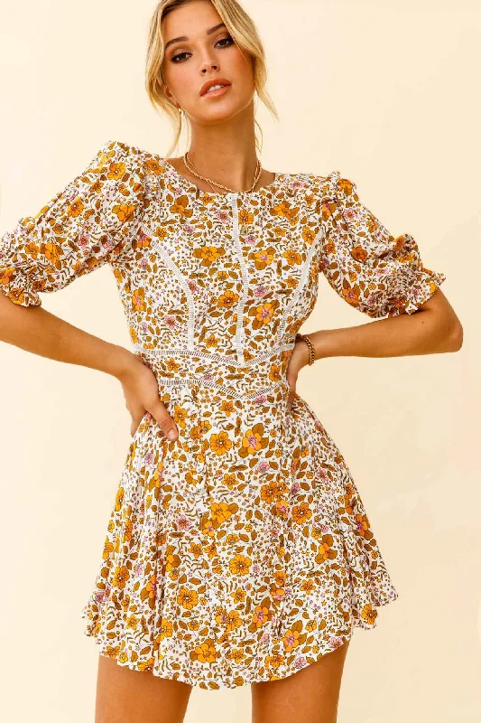 Ruffled Women Dress with Multiple Layers for a Playful and Girly StyleFirst Impressions Puff Sleeve Keyhole Back Dress Floral Print White/Yellow Ruffled Women Dress with Multiple Layers for a Playful and Girly StyleFirst Impressions Puff Sleeve Keyhole Back Dress Floral Print White/Yellow