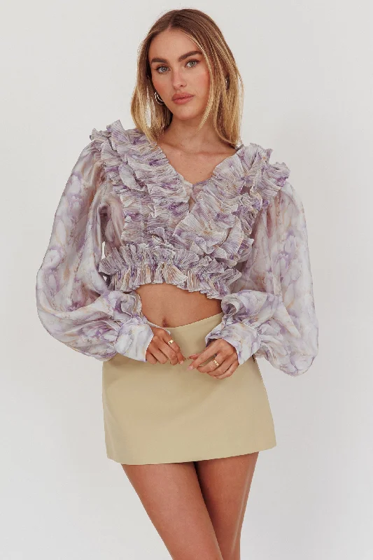 Halter Neck Women Dress to Show Off the Shoulders and NecklineForever Young Balloon Sleeves Cropped Blouse Purple Multi