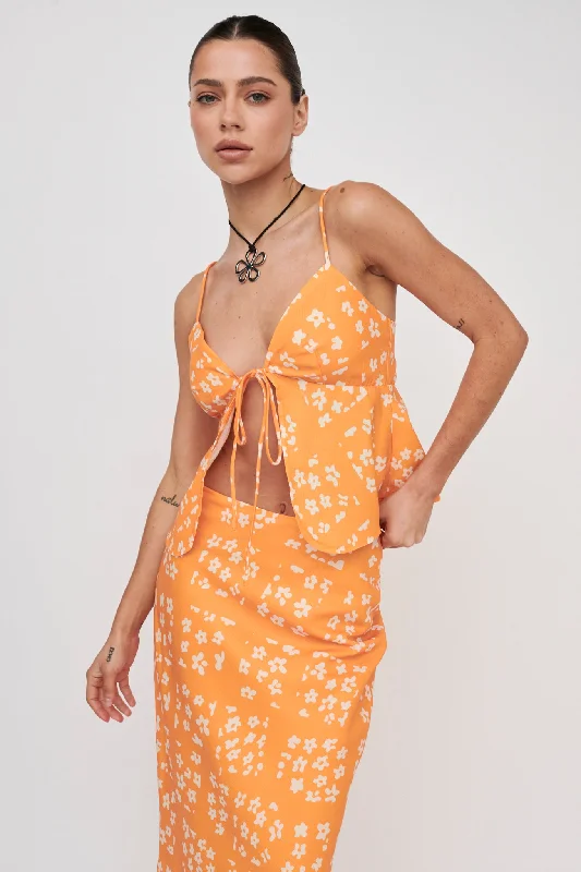 Printed Abstract Women Dress for a Modern and Artistic AppealHeart & Soul Tie Front Top Floral Orange
