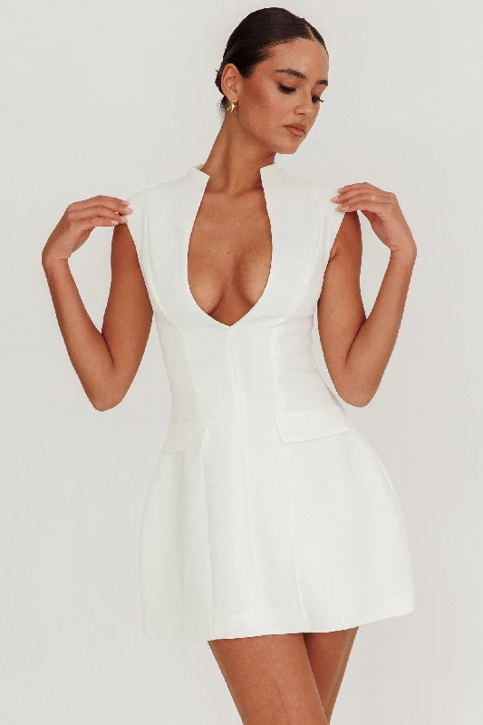 Mini Women Dress with a Short Hem for a Young and Trendy StyleHeavenly Bodies Sleeveless Deep Neckline Mini Dress White
