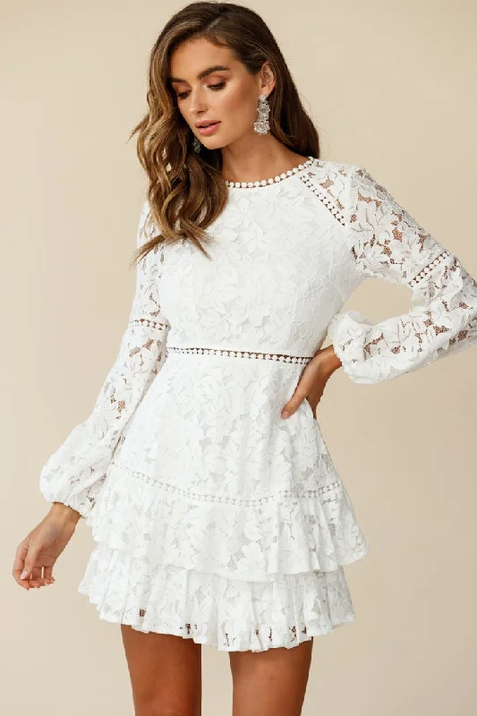 Backless Women Dress for a Sexy and Alluring Look at Evening EventsHenrietta Lace Overlay Long Sleeve Ruffle Dress White