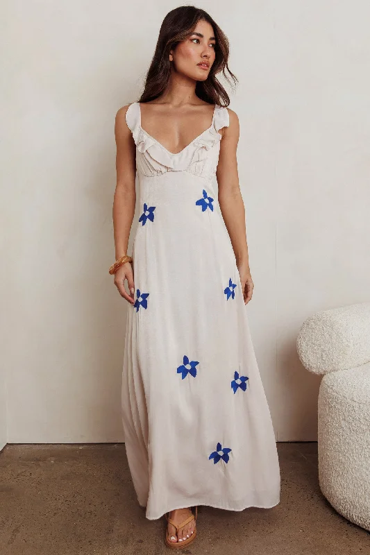 Maxi Women Dress with Floral Print for a Bohemian VibeHibiscus Ruffle A-line Maxi Dress Bone Maxi Women Dress with Floral Print for a Bohemian VibeHibiscus Ruffle A-line Maxi Dress Bone