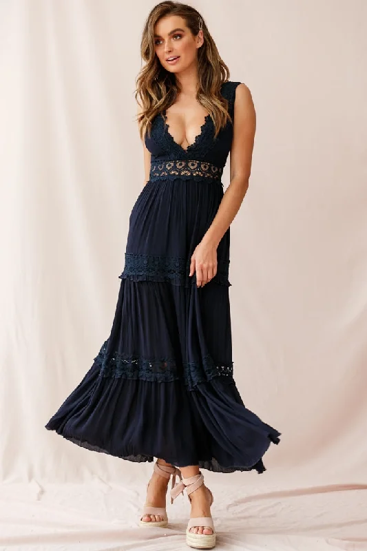 Off - the - Shoulder Women Dress for a Romantic and Feminine LookIndio Crochet Insert Deep V-Neckline Maxi Dress Navy Off - the - Shoulder Women Dress for a Romantic and Feminine LookIndio Crochet Insert Deep V-Neckline Maxi Dress Navy