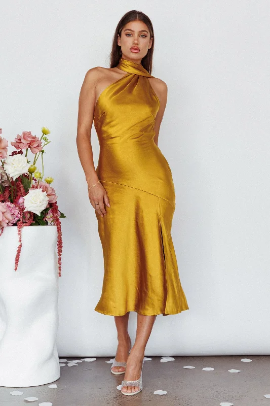 Ball Gown Women Dress with a Full Skirt for a Princess - like LookItalian Summer Tie Neck Midi Dress Mustard