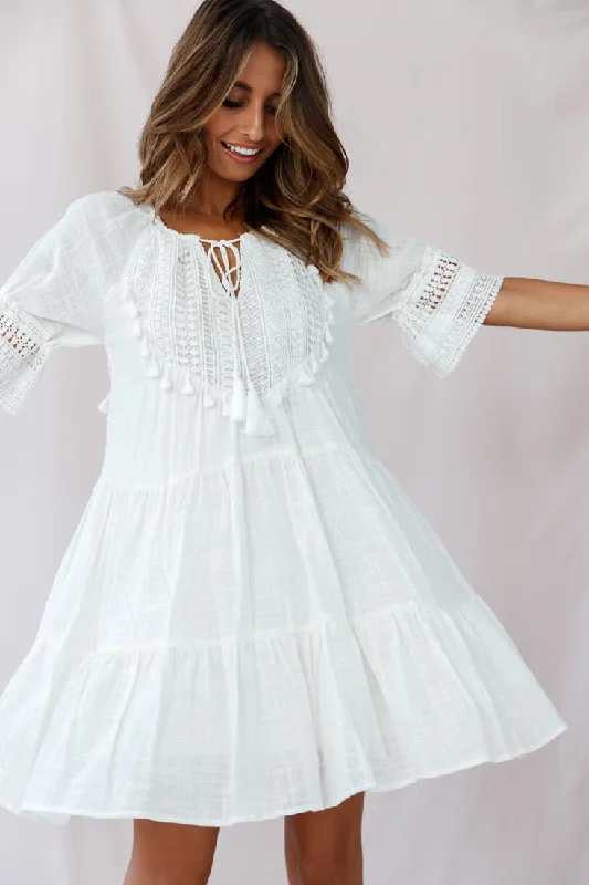Off - the - Shoulder Women Dress for a Romantic and Feminine LookJada Crochet and Tassel Kaftan Dress White Off - the - Shoulder Women Dress for a Romantic and Feminine LookJada Crochet and Tassel Kaftan Dress White