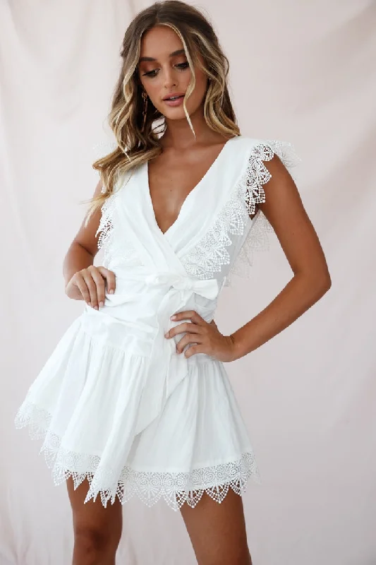 Printed Abstract Women Dress for a Modern and Artistic AppealJuliet Gathered Detail Lace Trim Dress White