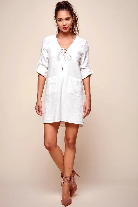 Lace - Embellished Women Dress for an Elegant and Sophisticated AppearanceKatie Lace-Up Front Casual Dress White
