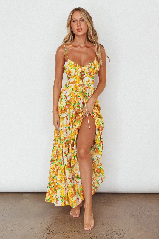 Mini Women Dress with a Short Hem for a Young and Trendy StyleKinlee Lace-Up Bodice Maxi Dress Floral Orange