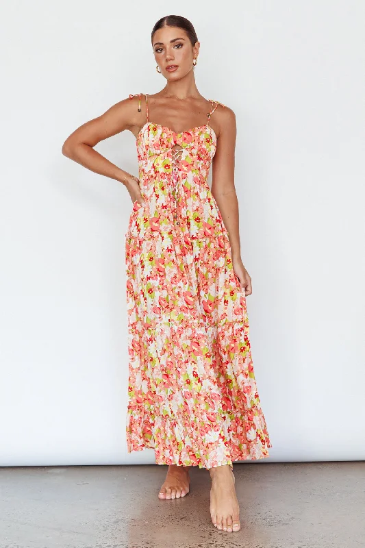 Printed Abstract Women Dress for a Modern and Artistic AppealKinlee Lace-Up Bodice Maxi Dress Floral Pink