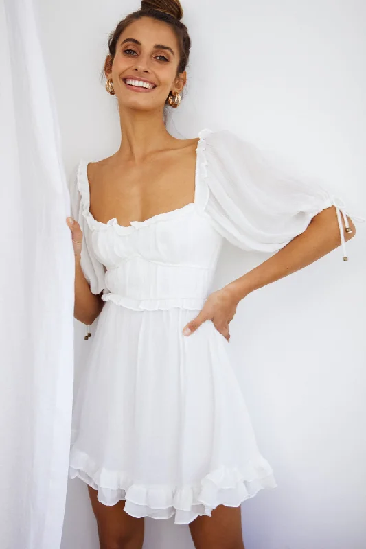 Ruffled Women Dress with Multiple Layers for a Playful and Girly StyleKirra Puff Sleeve Ruched Bodice Dress White