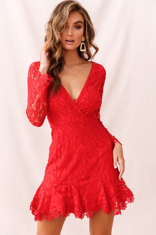 Off - the - Shoulder Women Dress for a Romantic and Feminine LookKyle Long Sleeve Lace Dress Red Off - the - Shoulder Women Dress for a Romantic and Feminine LookKyle Long Sleeve Lace Dress Red