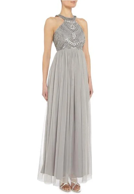 Empire Waist Women Dress to Accentuate the Bust and Conceal the WaistSilver Halter Embellished Gown