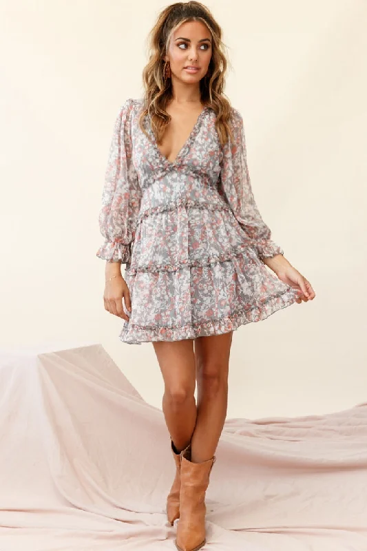 Ruffled Women Dress with Multiple Layers for a Playful and Girly StyleLaney Cutout Back Ruffle Trim Dress Floral Print Grey/Orange Ruffled Women Dress with Multiple Layers for a Playful and Girly StyleLaney Cutout Back Ruffle Trim Dress Floral Print Grey/Orange