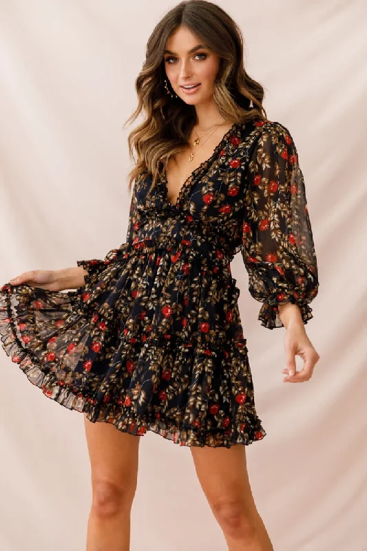 Mini Women Dress with a Short Hem for a Young and Trendy StyleLaney Cutout Back Ruffle Trim Dress Navy