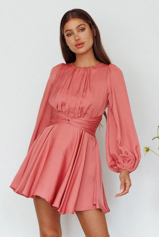 Mini Women Dress with a Short Hem for a Young and Trendy StyleLeia Long Sleeve Waist Tie Mini Dress Rose
