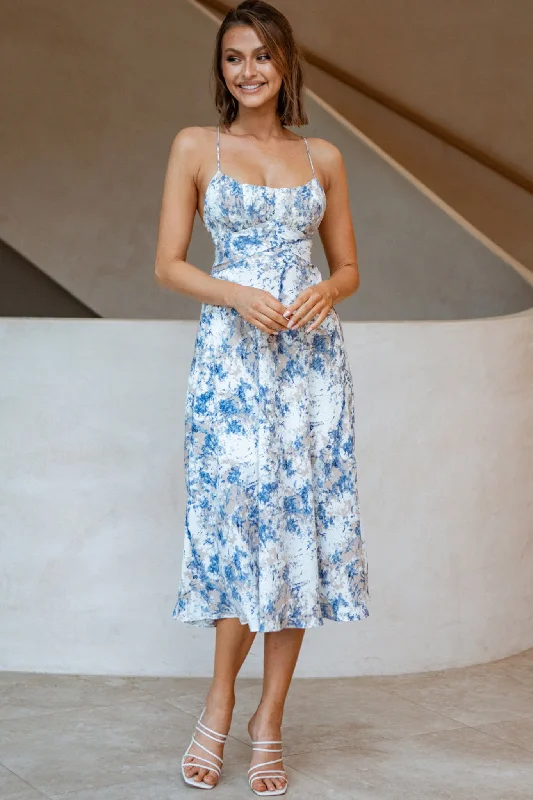 Strapless Women Dress with a Built - in Bra for Comfort and SupportLinka Cami Strap Midi Dress Marble Print Blue