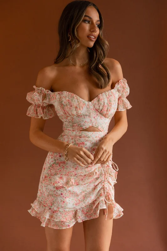 Plus Size Women Dress with a Flattering A - Line Cut for Comfort and StyleLinka Drawstring Detail Frill Dress Floral Blush