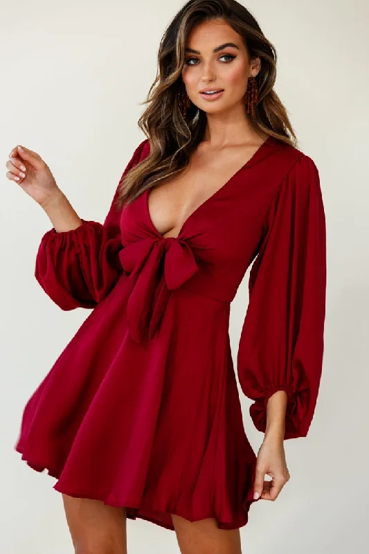 Backless Women Dress for a Sexy and Alluring Look at Evening EventsMadison Bow Tie Bust Balloon Sleeve Dress Wine