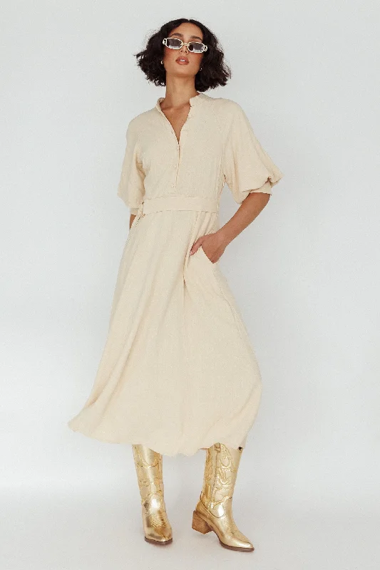 Wrap - Style Women Dress with Adjustable Fit for All Body TypesMallory Belted Waist Lantern Sleeve Midi Dress Beige