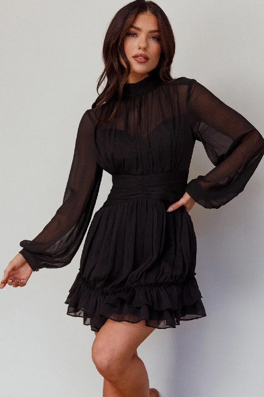 Pleated Women Dress with a Timeless and Elegant TextureMandalay High Neck Long Sleeve Waistband Dress Black