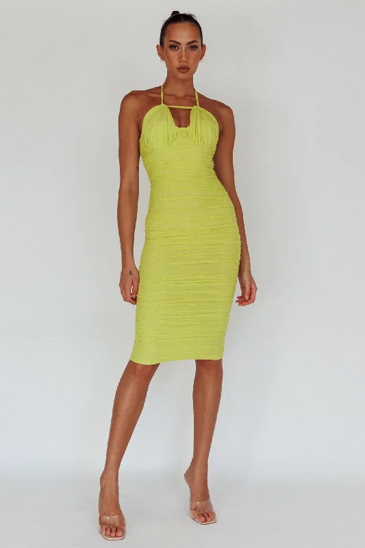Sleeveless Women Dress in Bright Colors for Summer PartiesMaribella Halterneck Midi Dress Lime