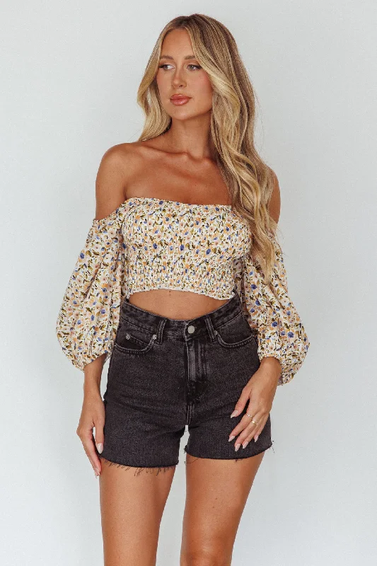 Plus Size Women Dress with a Flattering A - Line Cut for Comfort and StyleMaureen Off-Shoulder Shirred Crop Top Orange Multi