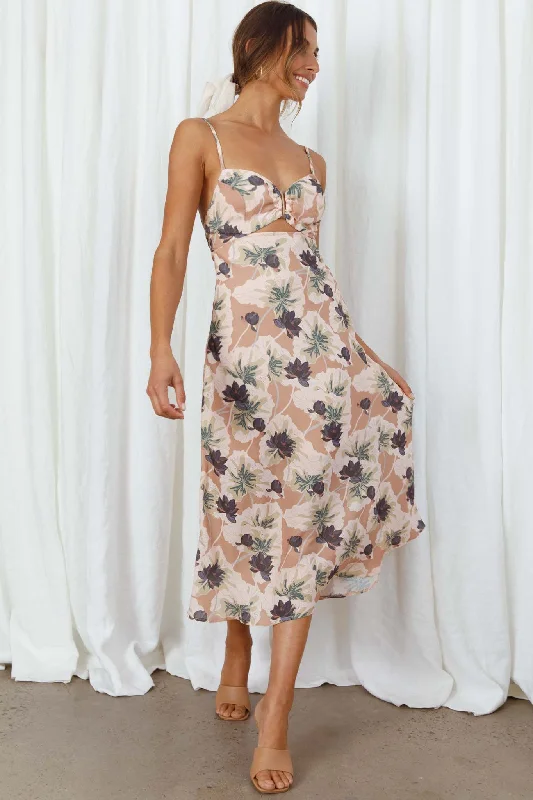 Empire Waist Women Dress to Accentuate the Bust and Conceal the WaistMelancholy Resin Buckle Satin Midi Floral Dress Mocha Empire Waist Women Dress to Accentuate the Bust and Conceal the WaistMelancholy Resin Buckle Satin Midi Floral Dress Mocha