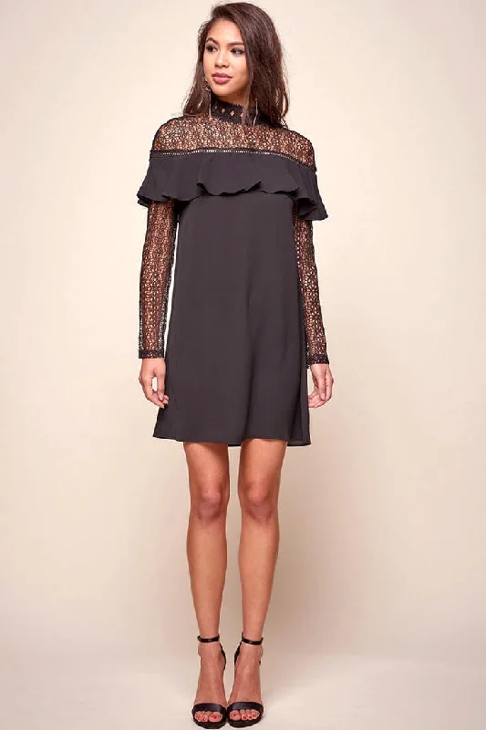 Ruffled Women Dress with Multiple Layers for a Playful and Girly StyleMendes Lace Detailed High Neck Long Sleeved Dress Black Ruffled Women Dress with Multiple Layers for a Playful and Girly StyleMendes Lace Detailed High Neck Long Sleeved Dress Black