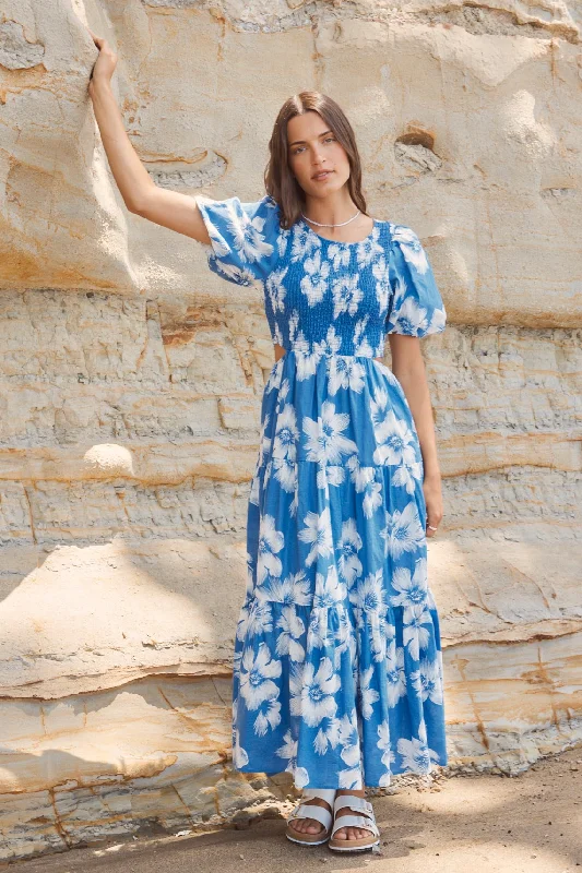 Wrap - Style Women Dress with Adjustable Fit for All Body TypesMilano Blue Hibiscus Bubble Sleeve Tiered Maxi Dress Wrap - Style Women Dress with Adjustable Fit for All Body TypesMilano Blue Hibiscus Bubble Sleeve Tiered Maxi Dress