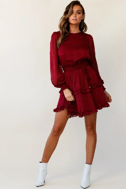 Shift Women Dress with a Simple and Classic Design for Everyday WearMildred Long Sleeve Shirred Waist Frill Dress Wine